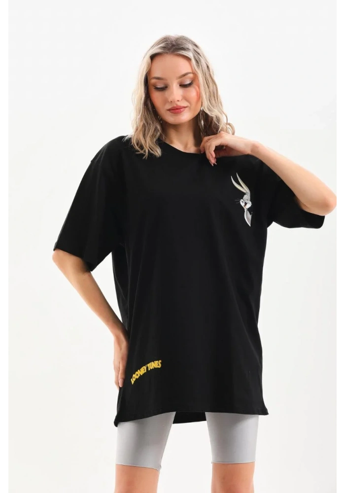 Kadın  Baskılı Oversize T-Shirt - Siyah