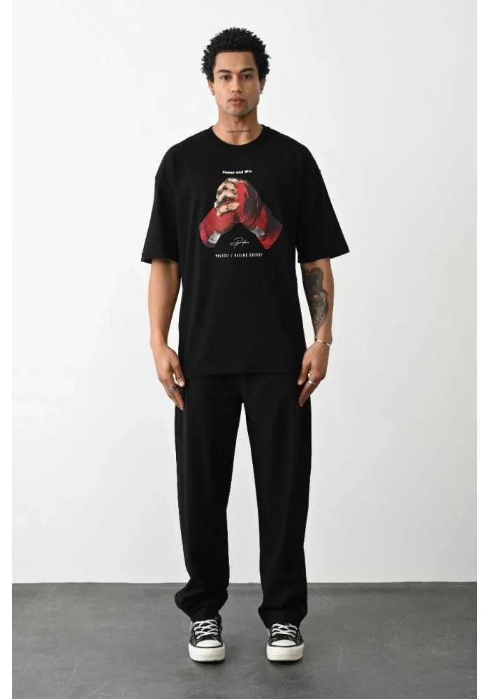 ERKEK Baskılı Oversize T-Shirt - Siyah