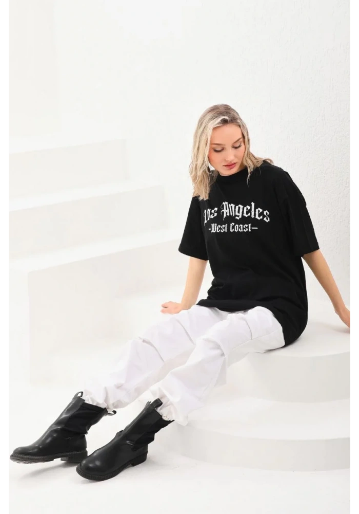 Kadın Baskılı Oversize T-Shirt - Siyah