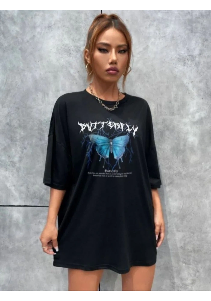 Kadın kelebek Baskılı Oversize T-Shirt - Siyah
