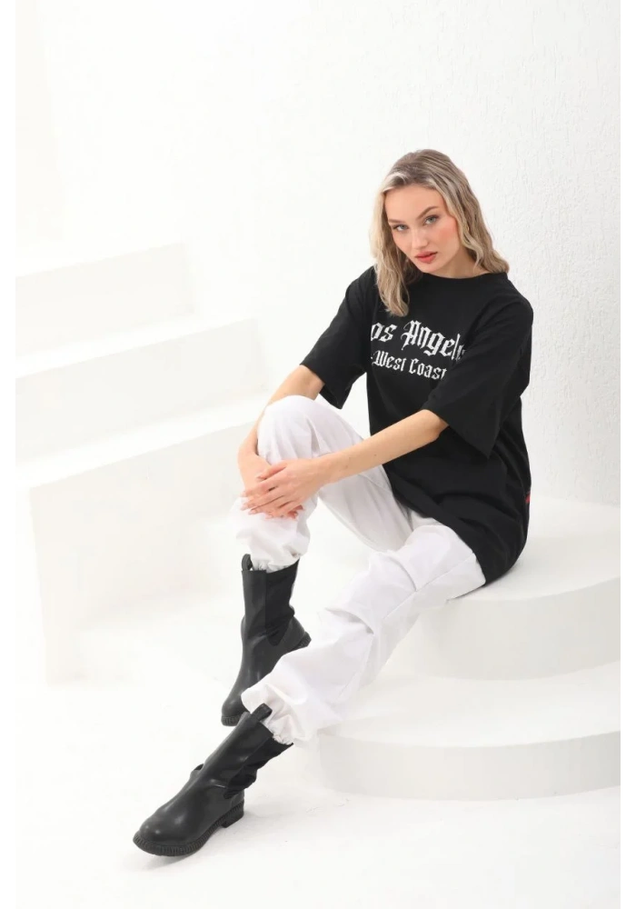 Kadın Baskılı Oversize T-Shirt - Siyah