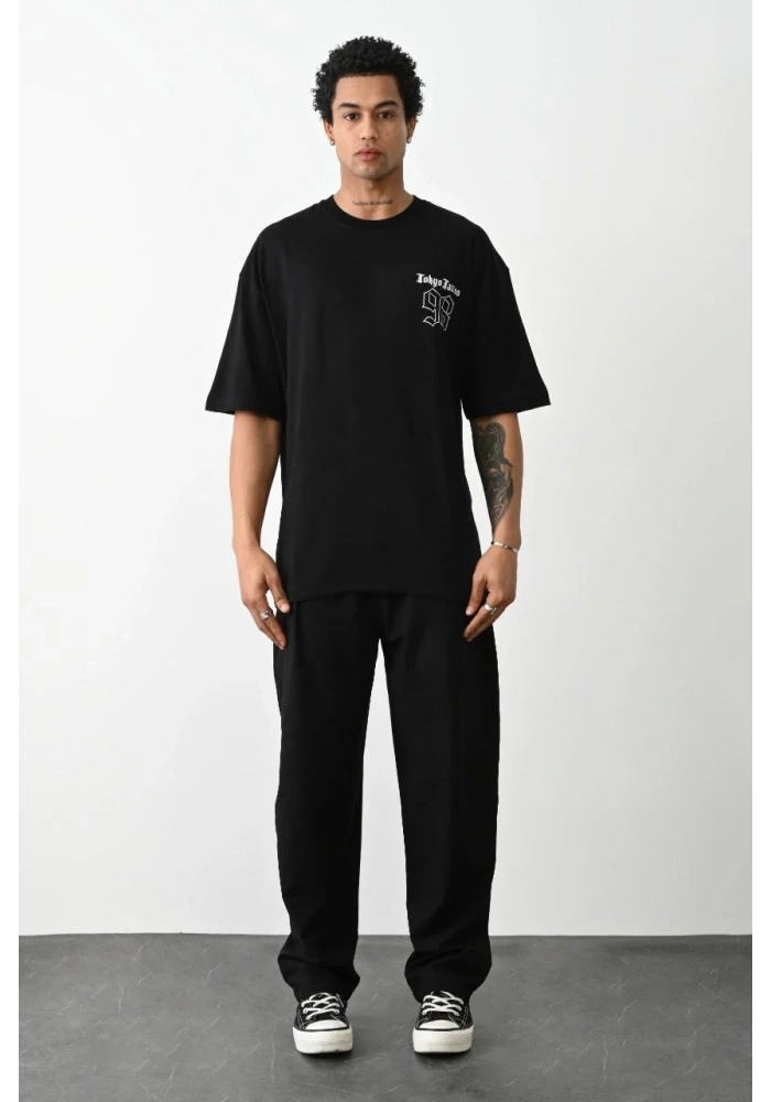 erkek Baskılı Oversize T-Shirt - Siyah