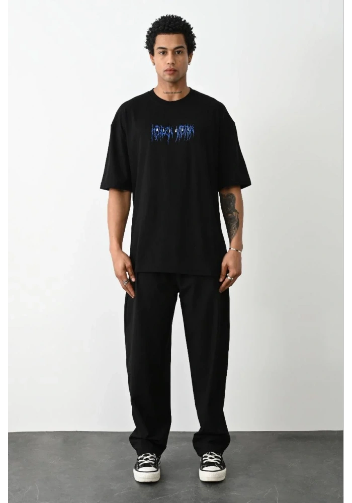 erkek Baskılı Oversize T-Shirt - Siyah