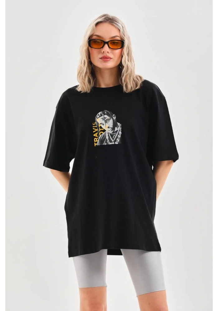 Kadın Baskılı Oversize T-Shirt - Siyah