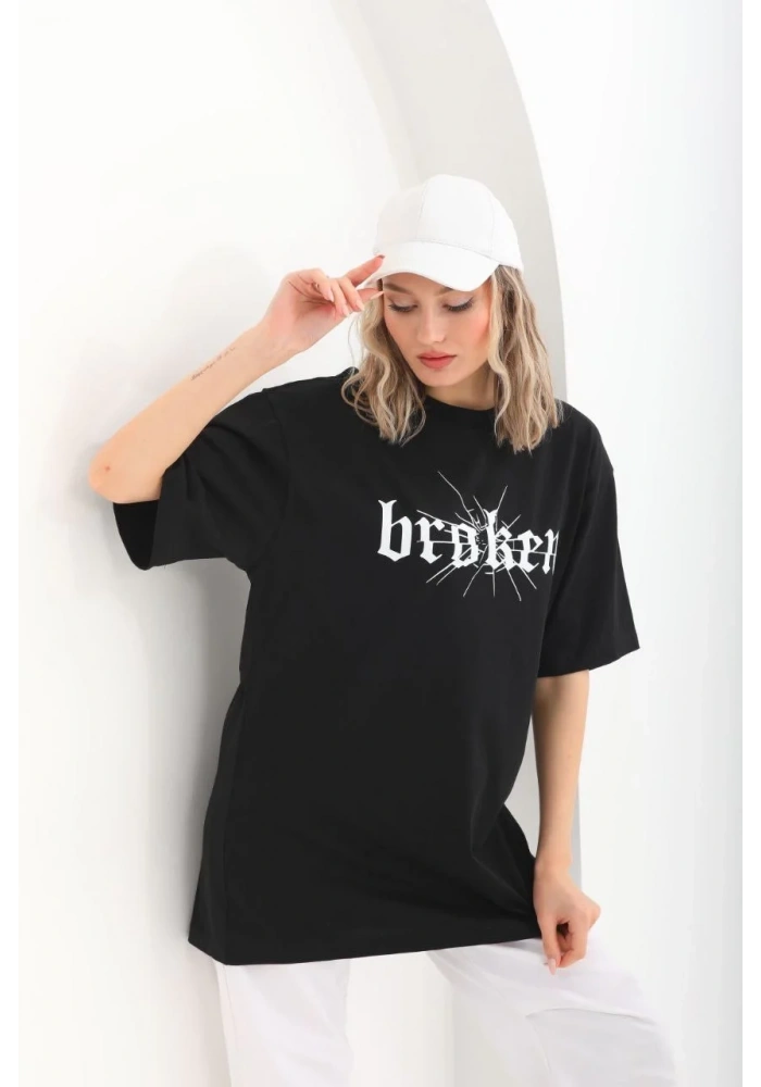 Kadın Baskılı Oversize T-Shirt - Siyah