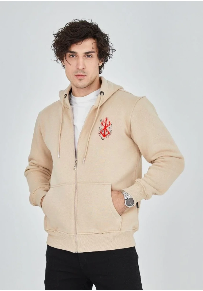 ERKEK Baskılı Tam Fermuarlı Kapşonlu SweatShirt - Bej