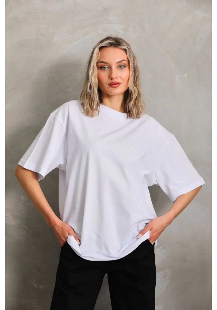 kadın Bisiklet Yaka Düz Oversize T-Shirt - Beyaz