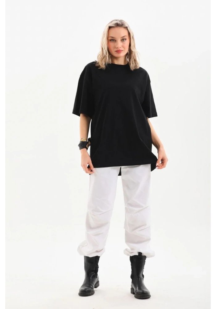 kadın Bisiklet Yaka Düz Oversize T-Shirt - Siyah