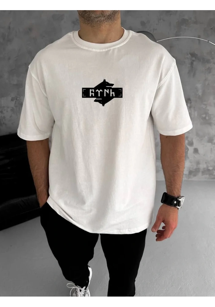 ERKEK Bisiklet Yaka Baskılı Double Oversize T-Shirt - Beyaz