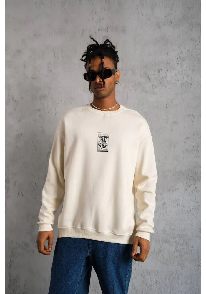 ERKEK Bisiklet Yaka Baskılı Oversize Sweatshirt - Beyaz
