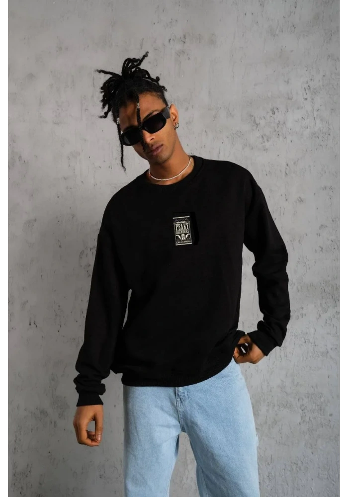 ERKEK Bisiklet Yaka Baskılı Oversize Sweatshirt - Siyah
