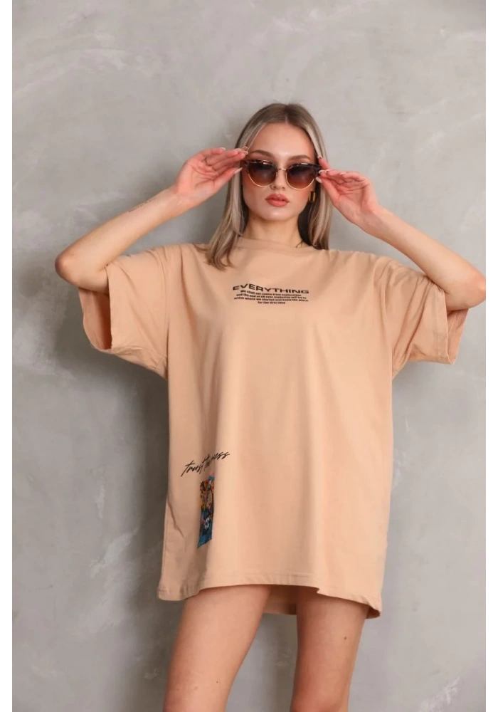 kadın  Bisiklet Yaka Baskılı Oversize T-Shirt - Bej