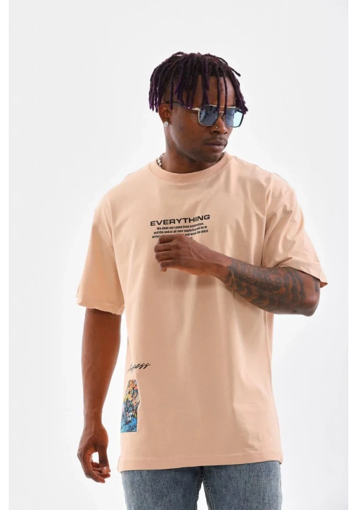 Erkek  Bisiklet Yaka Baskılı Oversize T-Shirt - Bej