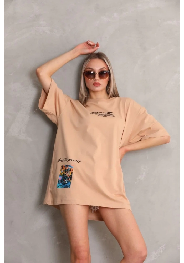 kadın  Bisiklet Yaka Baskılı Oversize T-Shirt - Bej