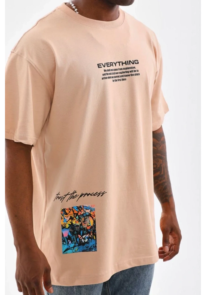 Erkek  Bisiklet Yaka Baskılı Oversize T-Shirt - Bej