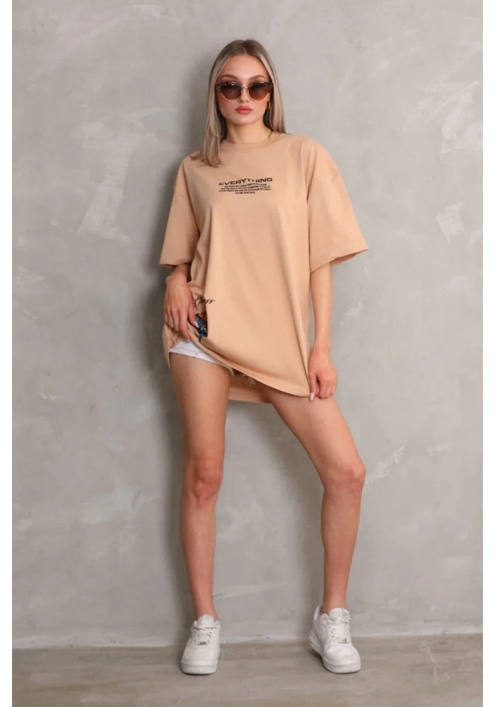 kadın  Bisiklet Yaka Baskılı Oversize T-Shirt - Bej