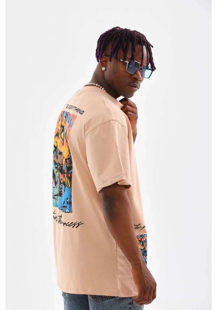 Erkek  Bisiklet Yaka Baskılı Oversize T-Shirt - Bej