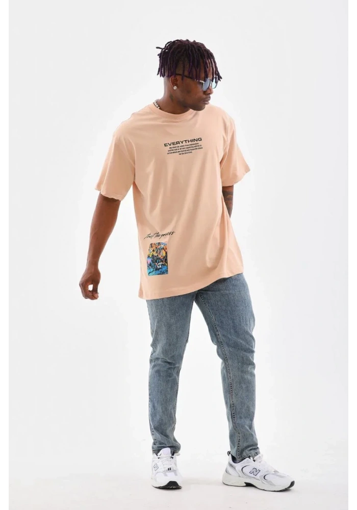Erkek  Bisiklet Yaka Baskılı Oversize T-Shirt - Bej
