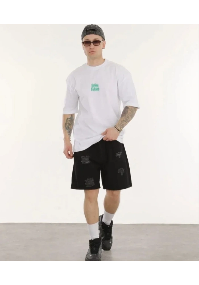 ERKEK Bisiklet Yaka Baskılı Oversize T-Shirt - Beyaz