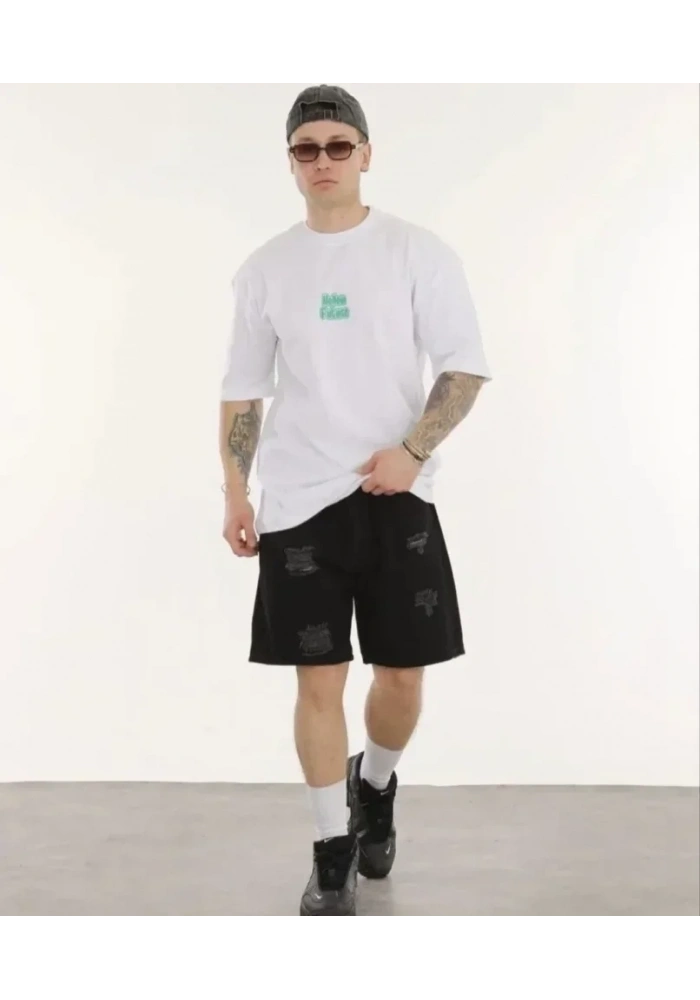 Unisex Bisiklet Yaka Baskılı Oversize T-Shirt - Beyaz