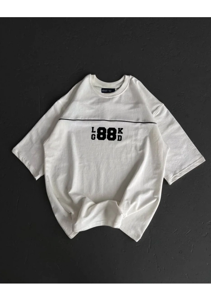 kadın  Bisiklet Yaka Baskılı Oversize T-Shirt - Beyaz