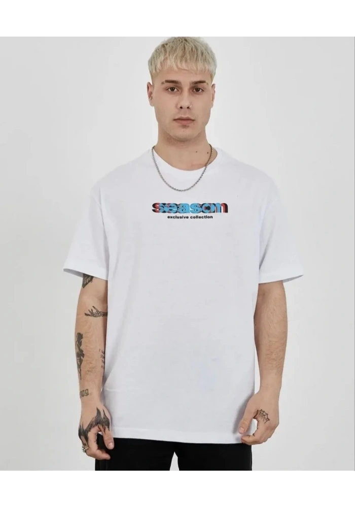 Erkek Bisiklet Yaka Baskılı Oversize T-Shirt - Beyaz