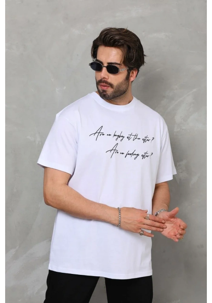 Erkek  Bisiklet Yaka Baskılı Oversize T-Shirt - Beyaz