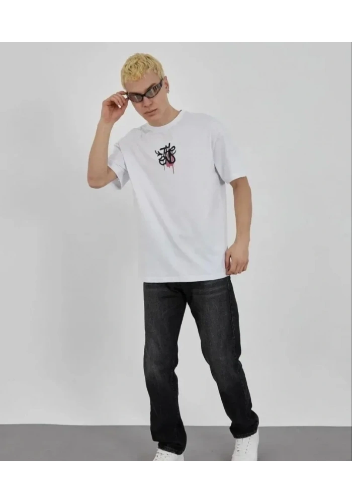 Unisex Bisiklet Yaka Baskılı Oversize T-Shirt - Beyaz