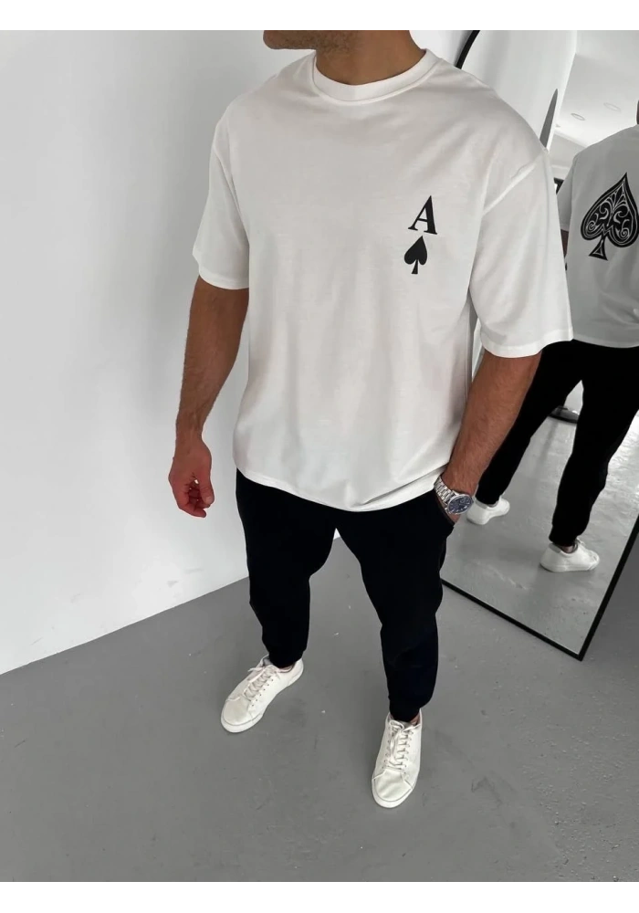 Erkek  Bisiklet Yaka Baskılı Oversize T-Shirt - Beyaz