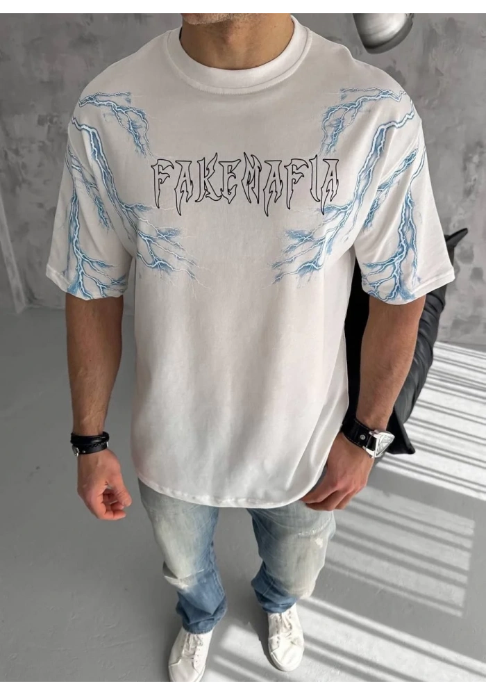 Erkek  Bisiklet Yaka Baskılı Oversize T-Shirt - Beyaz