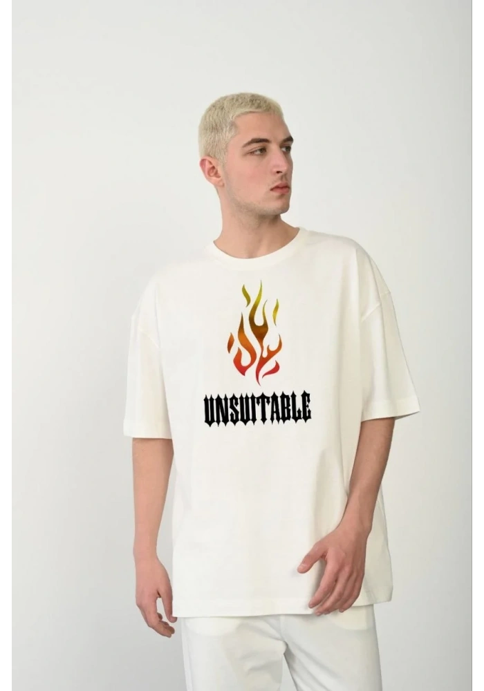 Erkek Bisiklet Yaka Baskılı Oversize T-Shirt - Beyaz