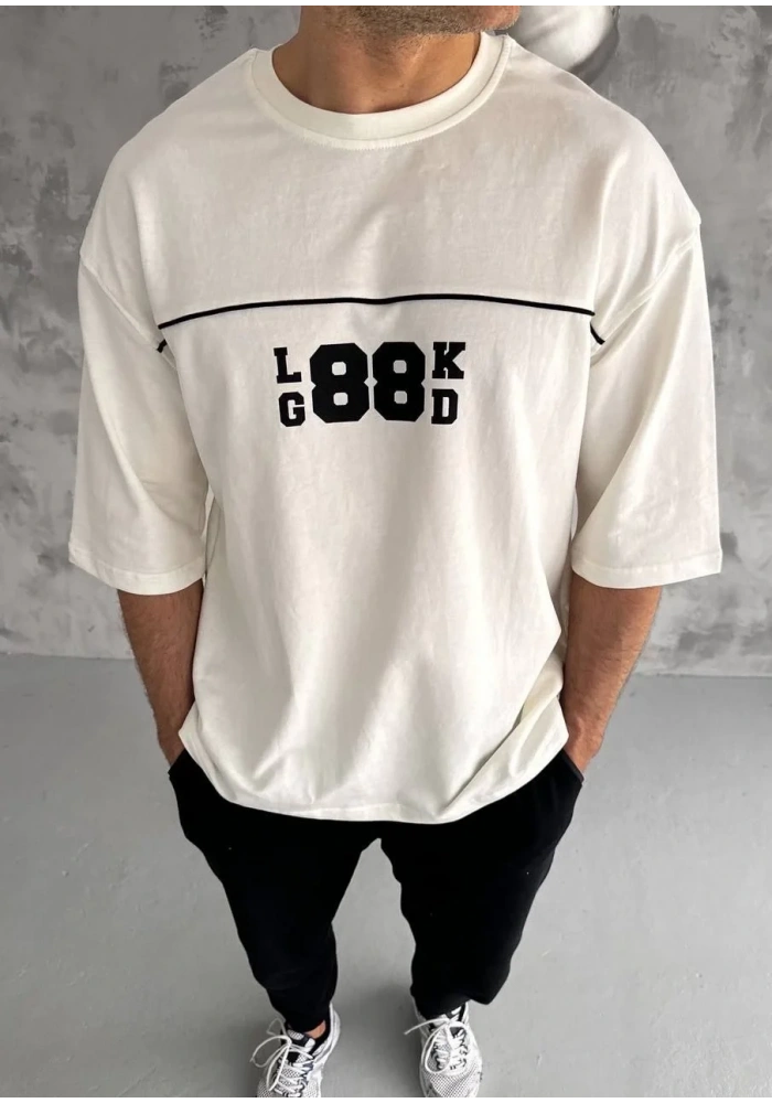 ERKEK Bisiklet Yaka Baskılı Oversize T-Shirt - Beyaz