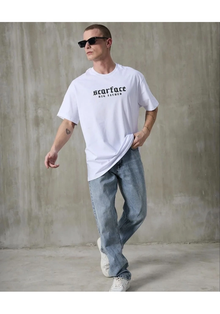 ERKEK Bisiklet Yaka Baskılı Oversize T-Shirt - Beyaz