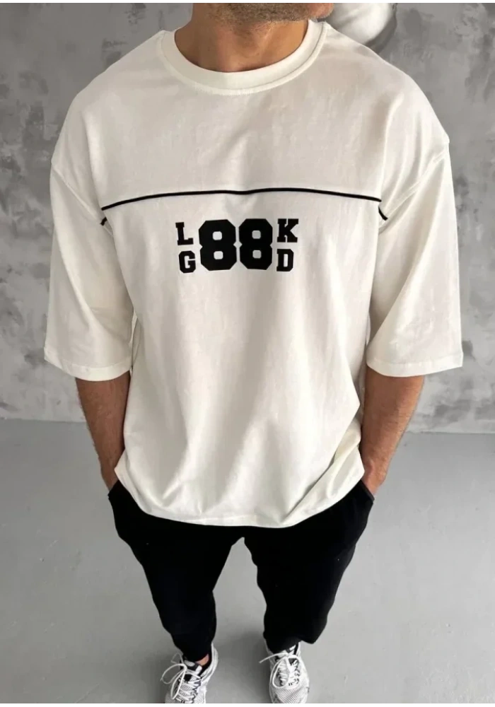 Unisex Bisiklet Yaka Baskılı Oversize T-Shirt - Beyaz