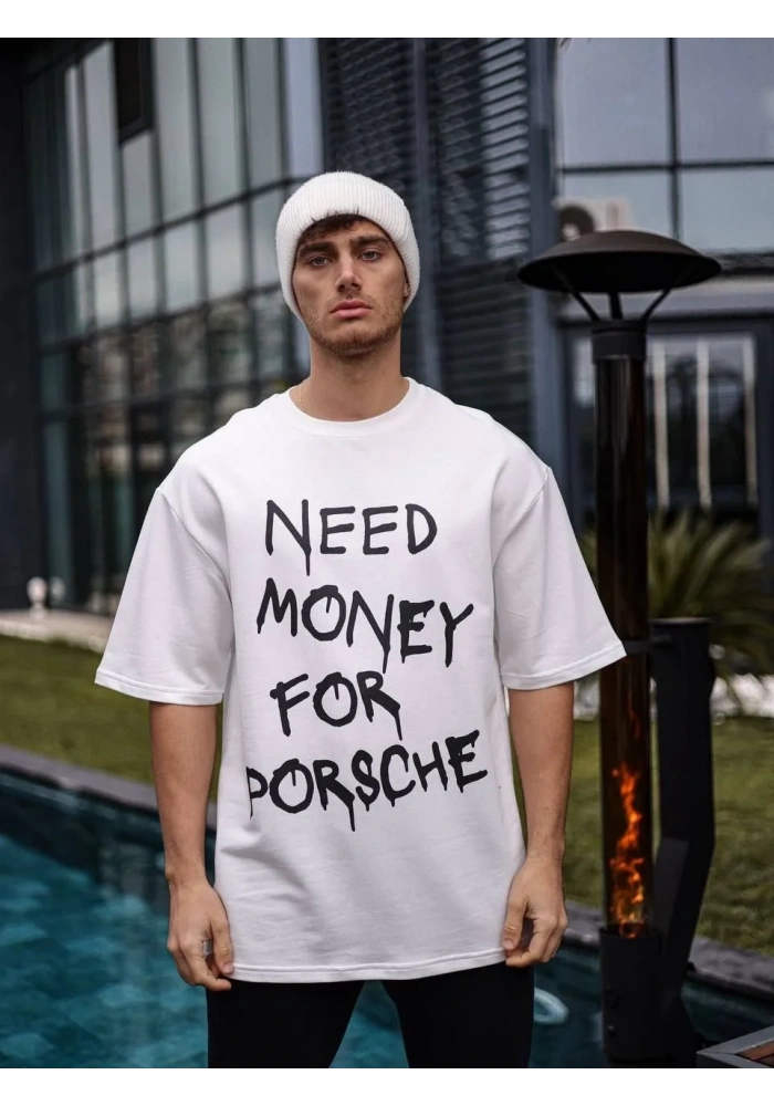 ERKEK Bisiklet Yaka Baskılı Oversize T-Shirt - Beyaz