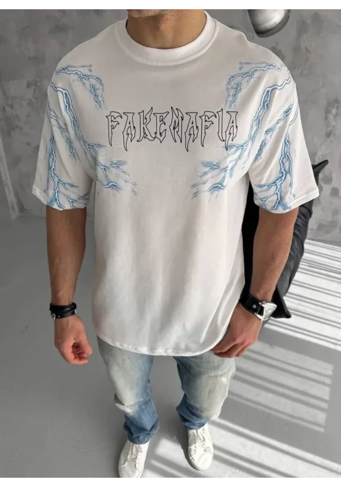 Unisex Bisiklet Yaka Baskılı Oversize T-Shirt - Beyaz