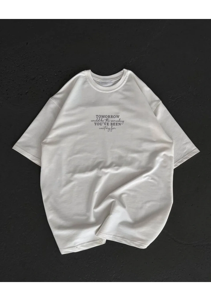 kadın  Bisiklet Yaka Baskılı Oversize T-Shirt - Beyaz