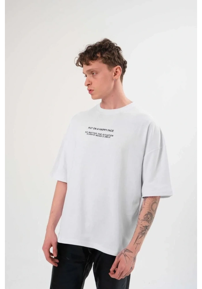 ERKEK Bisiklet Yaka Baskılı Oversize T-Shirt - Beyaz