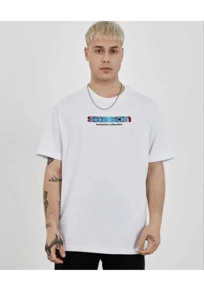 Unisex Bisiklet Yaka Baskılı Oversize T-Shirt - Beyaz