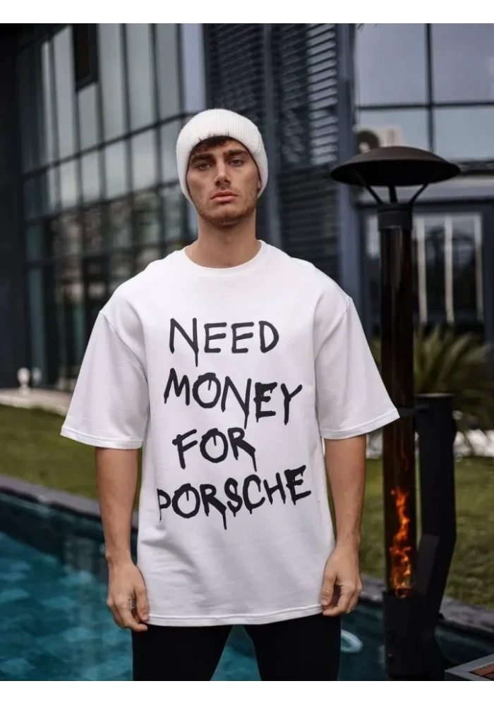 Unisex Bisiklet Yaka Baskılı Oversize T-Shirt - Beyaz