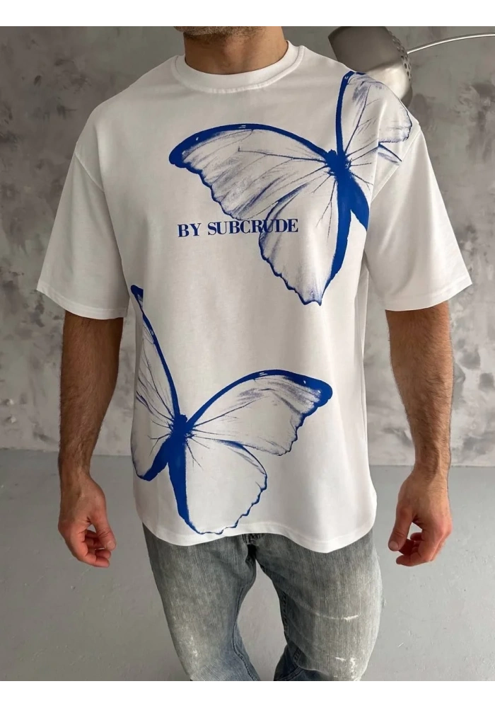 Erkek  Bisiklet Yaka Baskılı Oversize T-Shirt - Beyaz