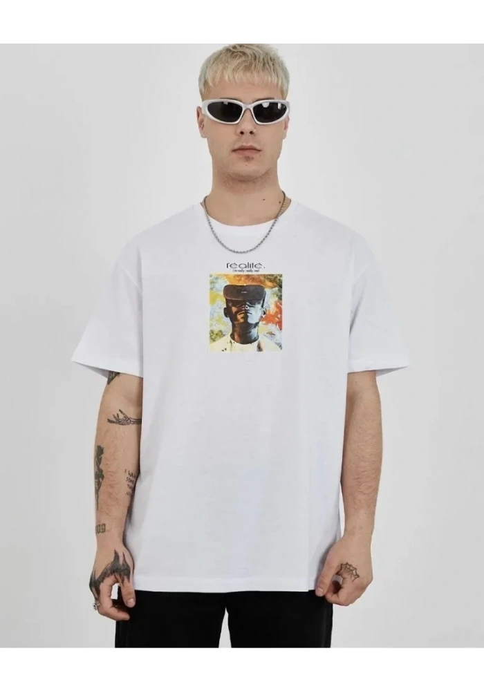 Unisex Bisiklet Yaka Baskılı Oversize T-Shirt - Beyaz