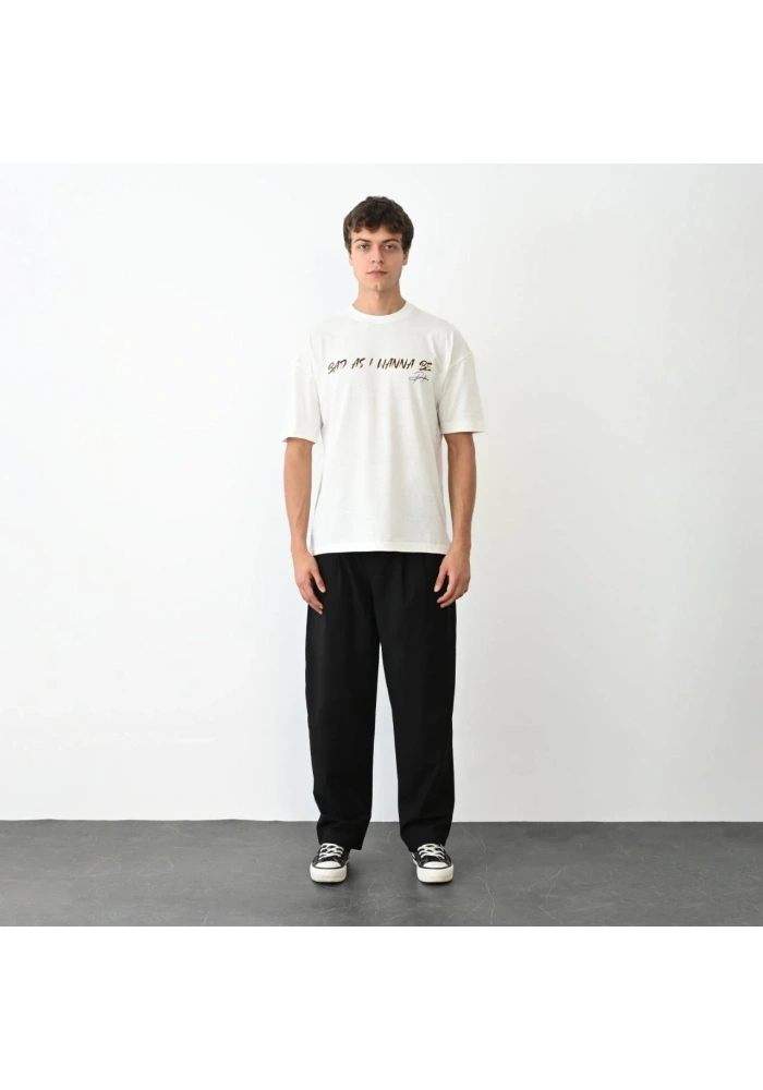 Erkek  Bisiklet Yaka Baskılı Oversize T-Shirt - Beyaz