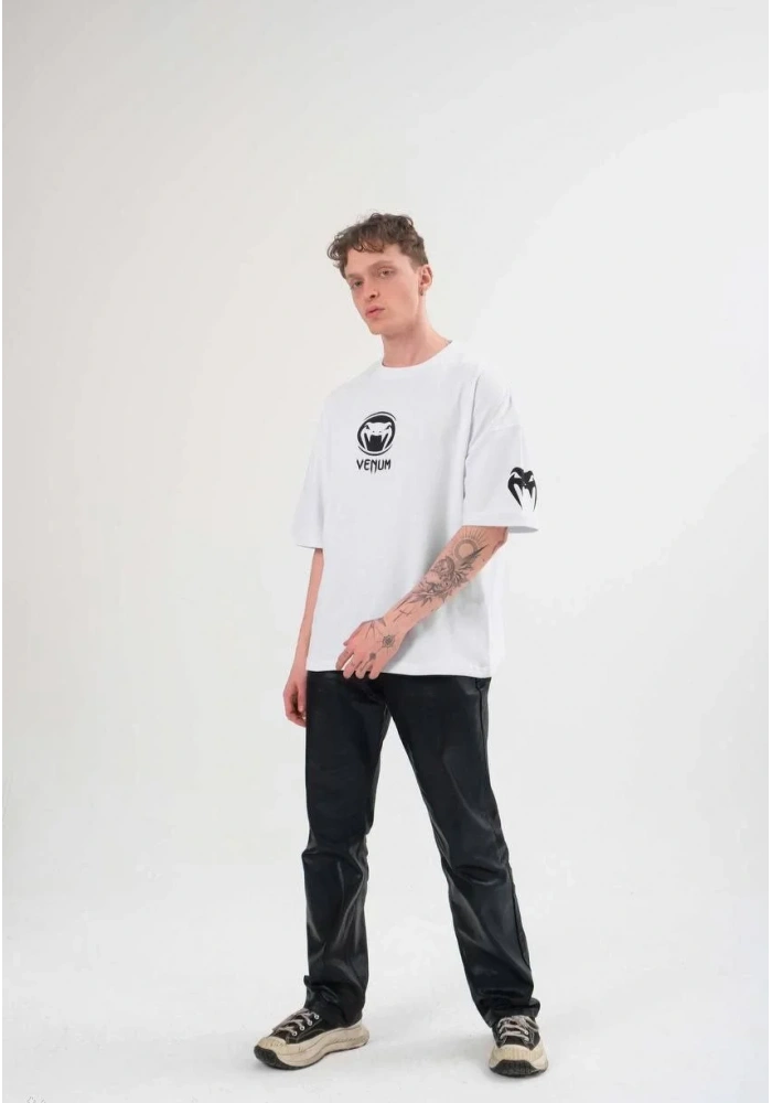 Erkek Bisiklet Yaka Baskılı Oversize T-Shirt - Beyaz
