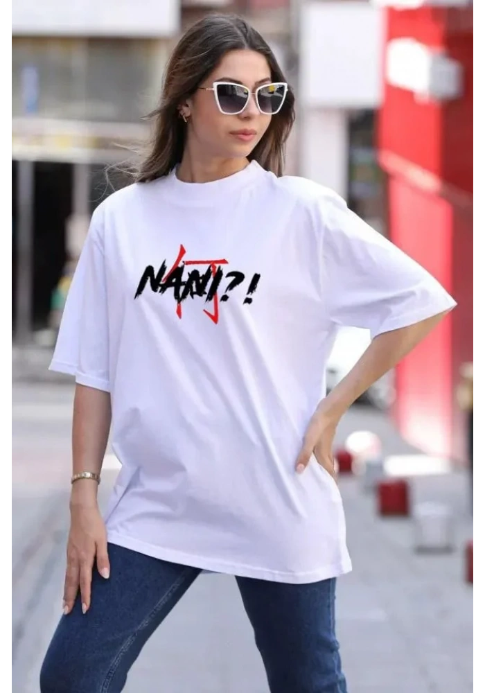 kadın Bisiklet Yaka Baskılı Oversize T-Shirt - Beyaz