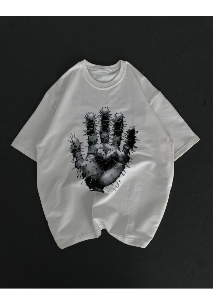 kadın Bisiklet Yaka Baskılı Oversize T-Shirt - Beyaz