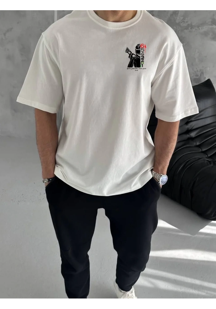 Erkek  Bisiklet Yaka Baskılı Oversize T-Shirt - Beyaz