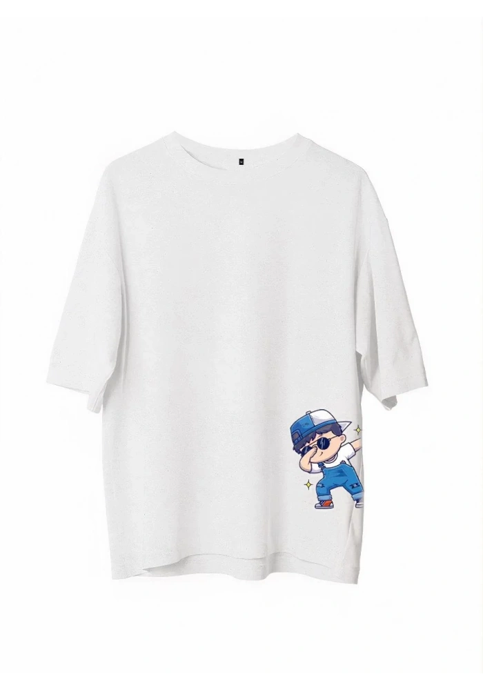 Erkek Bisiklet Yaka Baskılı Oversize T-Shirt - Beyaz