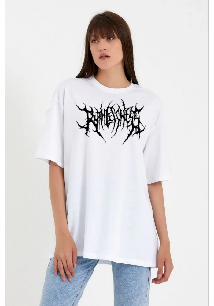 kadın Bisiklet Yaka Baskılı Oversize T-Shirt - Beyaz