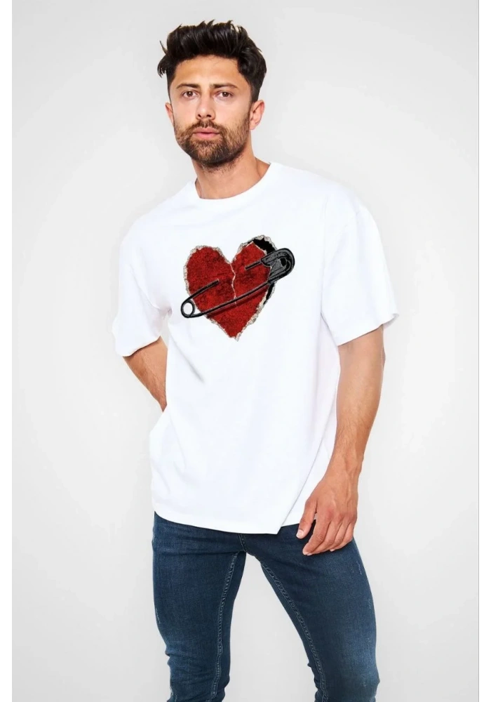 Erkek Bisiklet Yaka Baskılı Oversize T-Shirt - Beyaz